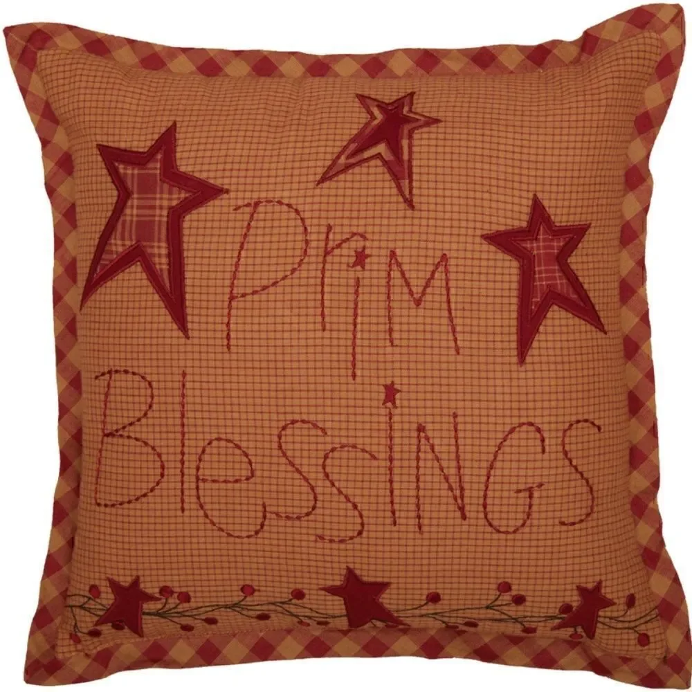 NEW! Farmhouse Burgundy Checked Prim Blessings Throw Pillow Country Cottage